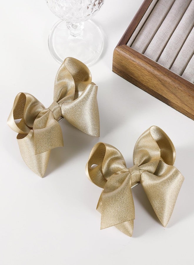 KCHIES 4" Big Shiny Glitter Ribbon Hair Bows Alligator Clips Barrettes Hand-made Champagne Gold Bowknot Hair Accessories for little Teen Toddler Girls Kids Christmas New Year Gift in Pairs - Image 2